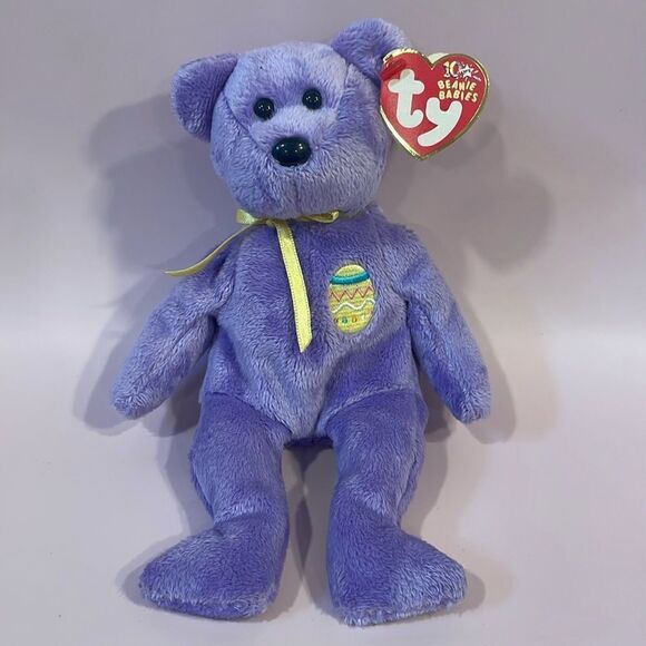 Ty 10 years Beanie Baby 2002 Eggs III The Bear Purple & Yellow Bear EUC NWT 9” - Picture 1 of 10